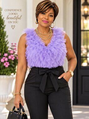 Lavender Ruffle Tulle Bodysuit Statement Sleeveless Top Plus Size 3X
